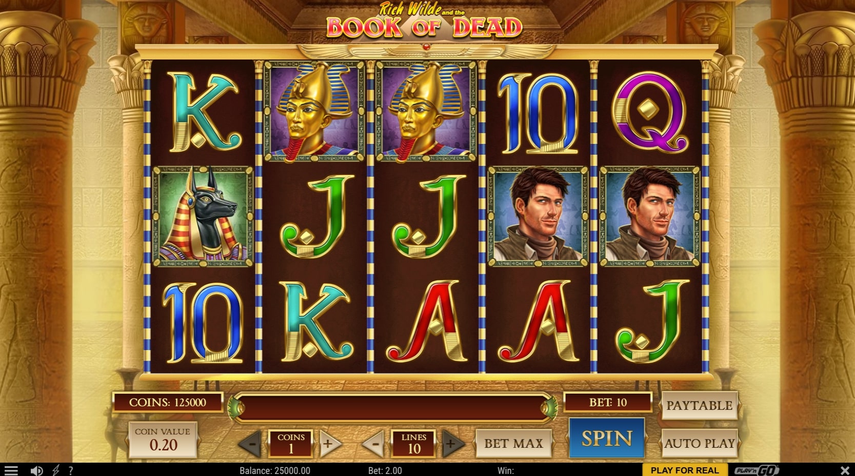 Play n Go Book of Dead egyptian slot reel online casino game main screen gameplay