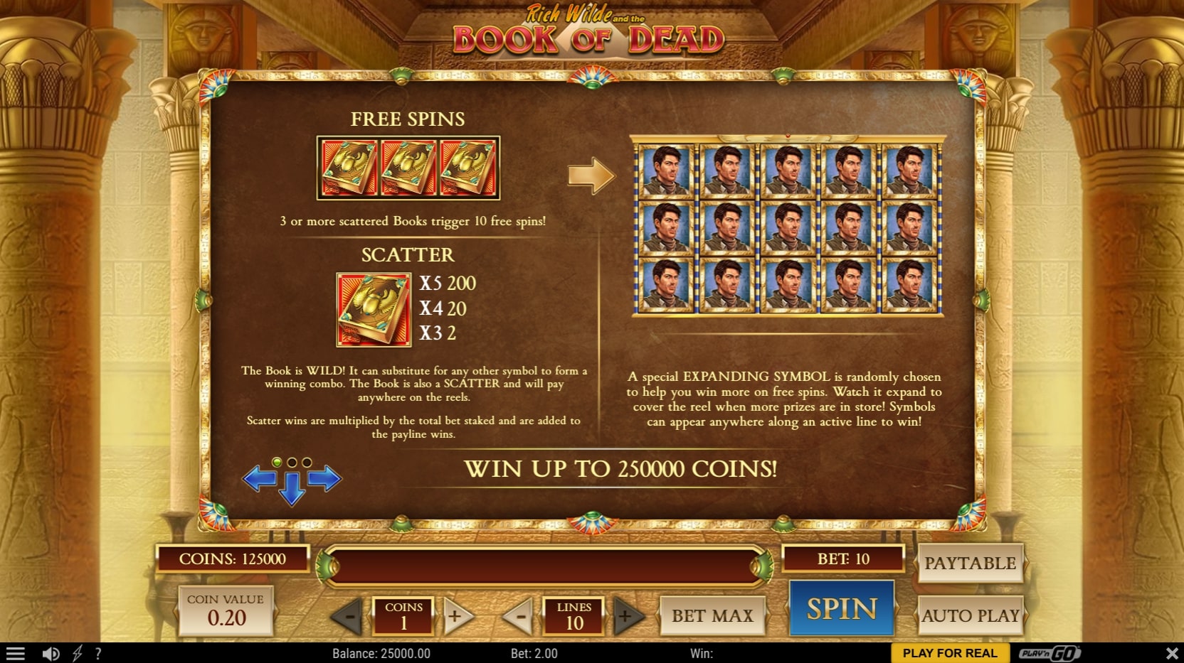 Play n Go Book of Dead slot egyptian gameplay scatter free spins bonus