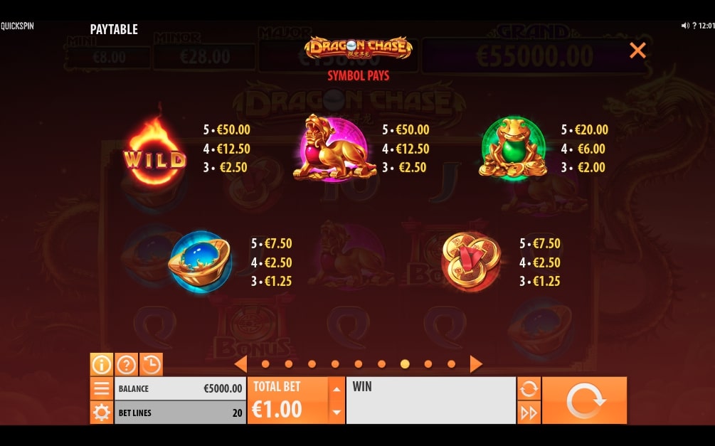 Quickspin Dragon Chase slot game paytable
