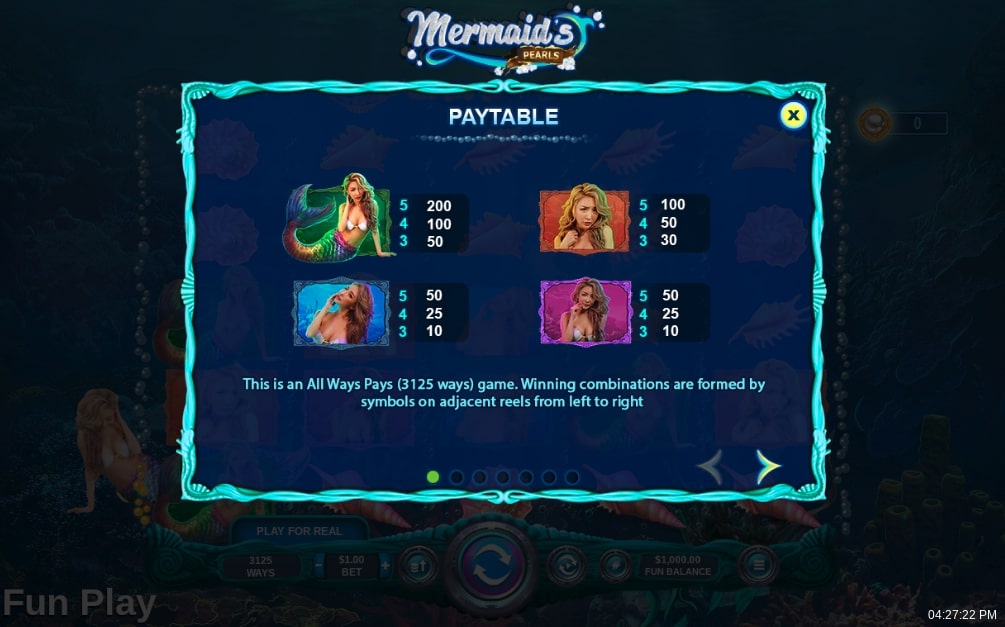 RTG Mermaid's Pearl slot game symbol value paytable