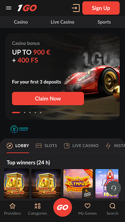 1GO Casino Mobile Homepage