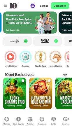 10Bet Casino Mobile Homepage