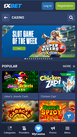 1xBet Casino Mobile Homepage