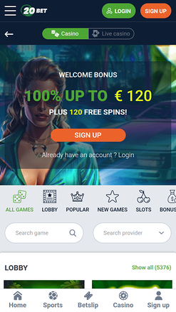 20Bet Casino Mobile Homepage