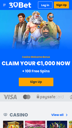 30Bet Casino Mobile Homepage