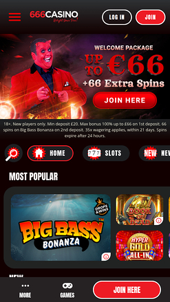 666 Casino Mobile Homepage