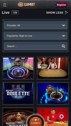666 Gambit Casino live dealer mobile page 