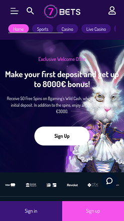 7Bets Casino Mobile Homepage