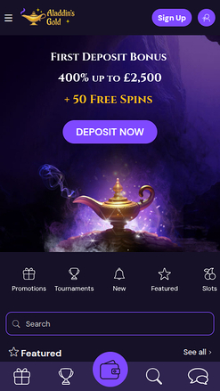 Homepage screenshot of Aladdins Gold Casino for Mobile