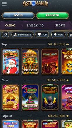 Games mobile page screenshot of AstroMania Casino