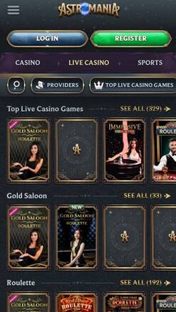 Live mobile page screenshot of AstroMania Casino
