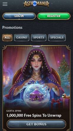 Promotions mobile page screenshot of AstroMania Casino