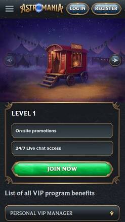 VIP mobile page screenshot of AstroMania Casino