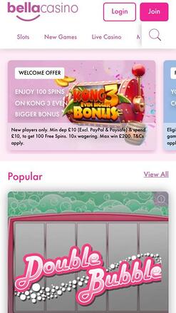 Bella Casino mobile homepage