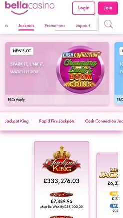 Bella Casino jackpot mobile page