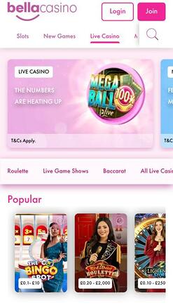 Bella Casino live dealer mobile page