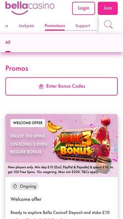 Bella Casino promotions mobile page