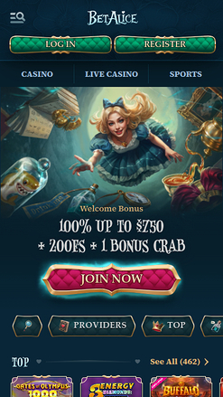 BetAlice Casino Mobile Homepage