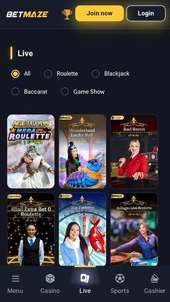 Betmaze Casino live dealer mobile page