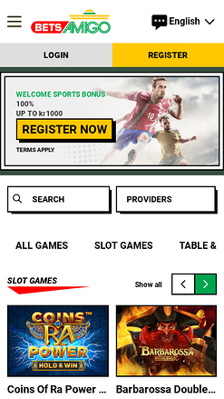 Bets Amigo Mobile Homepage