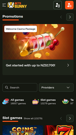 Bets Bunny Casino Mobile Homepage