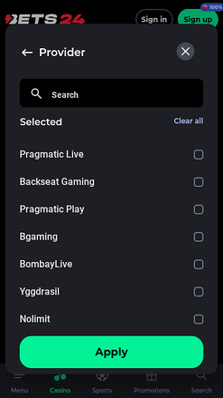 Bets24 Casino Mobile Game Developers