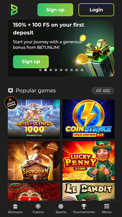 Betunlim Casino Mobile Homepage