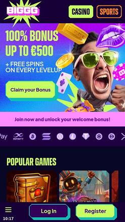 BIGGG Casino mobile homepage