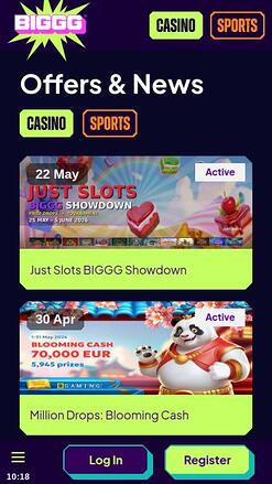 BIGGG Casino promotions mobile page