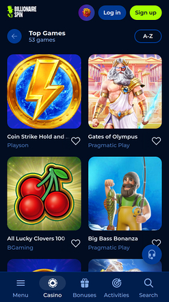 BillionaireSpin Casino Mobile Games
