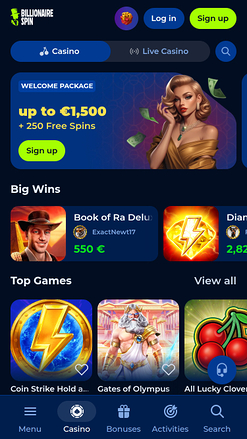 BillionaireSpin Casino Mobile Homepage
