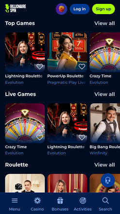 BillionaireSpin Casino Mobile Live Dealer