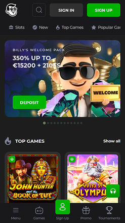 Billy Billion Casino Mobile Homepage
