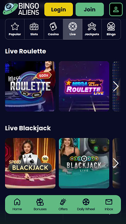 Bingo Aliens Casino Mobile Live Dealer