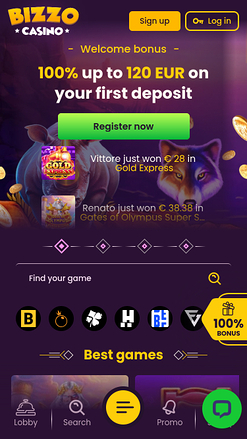 Bizzo Casino Mobile Homepage