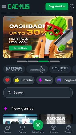 Cactus Casino Mobile Homepage