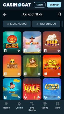 CasinoCat jackpot mobile page