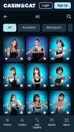 CasinoCat live dealer mobile page