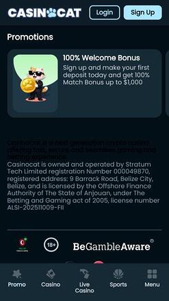CasinoCat promotions mobile page
