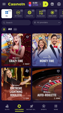 Casinoin Live Dealer Mobile