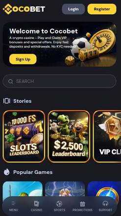 Homepage mobile screenshot of Cocobet Casino