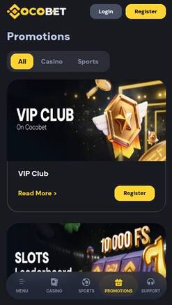 Promotions mobile page screenshot of Cocobet Casino