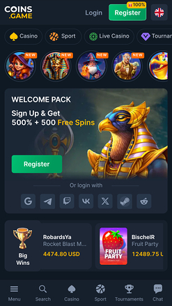 Coins Game Casino Homepage Mobile
