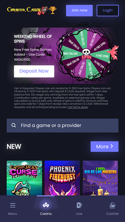 Conquer Casino Homepage Mobile