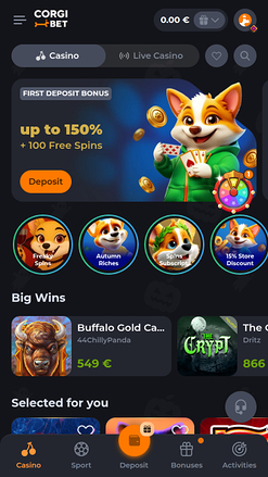 Corgibet Casino Homepage Mobile