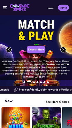 Cosmic Spins Casino Mobile Homepage