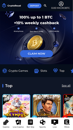 CryptoRoyal Casino Mobile Homepage