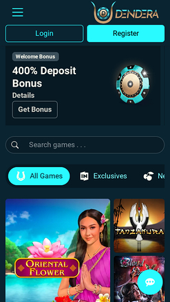 Screenshot der Dendera Casino Homepage auf einem Mobilgerät, zeigt das Game-Lobby-Design und Navigation.