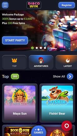 Disco Win Casino mobile homepage 