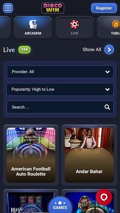 Disco Win Casino live dealer mobile page 